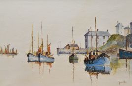 Gordon Allen (British b.1945) oil on canvas, fishing boats and harbour, signed lower right, within a