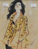 Artist unknown, pastel drawing of a woman in leopard print coat, indistinctly signed lower right,