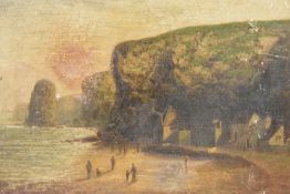 A 19th century oil on panel, artist unknown, naive coastal cliff scene with needle formation,