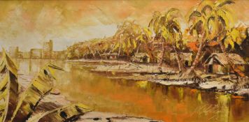 Artist unknown, 20th Century expressive landscape painting, an eastern scene, with palm trees and
