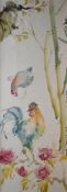A 20th century Chinese painting on paper, laid down on board, depicting roosters, bamboo and foliage