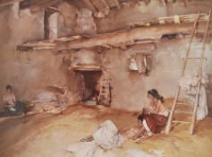 After Sir William Russell Flint (British, 1880-1969) colour print depicting a rustic scene with