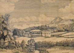 After Norman Barker (British 20th century) monochrome print, rural farm scene, within a stepped card