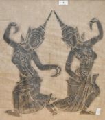 A Thai charcoal temple rubbing, depicting female dancers dressed in traditional costume, framed