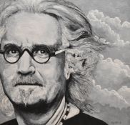 Olly Alcock (British contemporary) acrylic on board 'Billy Connolly' monochrome portrait of the
