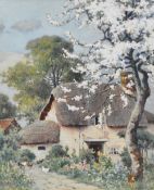 John McDougal (British, 1851-1945) watercolour painting, shows a blossoming tree in the right