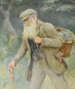 William Banks Fortescue (British 1855-1924) watercolour, an elderly bearded man with basket of