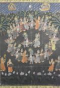 A large Indian/Mughal painting on material, laid down on board, depicting wedding celebrations