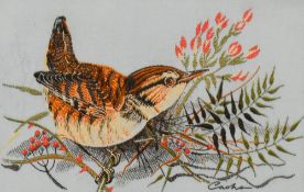 Cash's of Coventry, three miniature woven silk pictures, showing three different kinds of birds, all