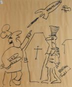 A 20th century satirical cartoon, black ink on paper, a baker and undertaker holding a coffin with