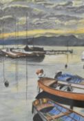 J Shuttleworth, a watercolour painting 'Lochside Moorings' dated on reverse, within blue mount, in a