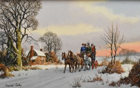 Vincent Selby (British 1919-2004) a pair of winter coaching scene oil on boards, each with signature