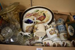 A selection of vintage Coronation ware mugs, two Weatherby Hanley pheasant plates, a small brass oil
