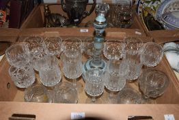 A collection of assorted cut glass drinking glasses including a set of 6 Hock glasses etc