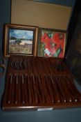 A set of six wooden handled steak knives and forks set in a wooden tray sold along with two