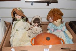 A vintage Le Creuset Cousances oven dish and two vintage porcelain headed dolls etc.