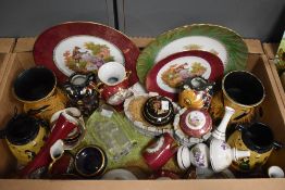 A Royal Doulton Bunnikins castle display stand, a pair of Sylvac duck vases, two Shramberg vases (
