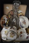 A vintage Pittsburgh Flint glass decanter, a child's porridge bowl and a selection of Coronation