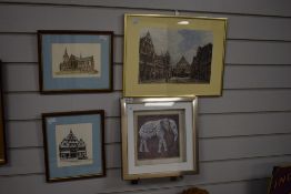 Two hand drawings depicting a Town Hall in Germany and Church with ornate spire both signed David