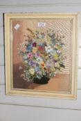 A late 20th century hand-crafted mixed media pressed still life scene using fabric scraps and