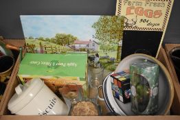 A selection of assorted kitchen items including a glass chopping board, a Masons Cash & Co mixing