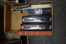 A small carton of books including The New Oxford Dictionary Vol 1 & 2, The Collected Stories of