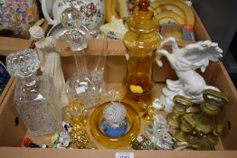 A vintage Empoli Italian art glass lidded vase, a cut glass claret jug and pressed glass decanter,