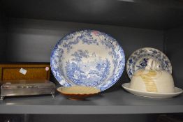 A Barbara Davidson Larbert Pottery cheese dome, a large blue and white ware dish and a plated