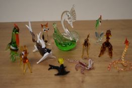 A collection of eleven mid-century hand blown glass animals to include snake, crocodile, horse,