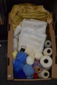 A quantity of assorted knitting wool, a small selection of embroidery linen and two lengths of