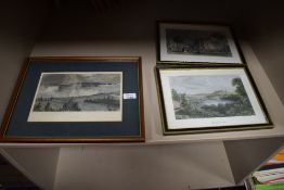 Three framed coloured etchings including Lancaster in 1831 and Niagara etc.