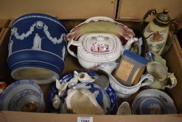 A large Wedgwood Jasperware planter, a selection of ceramic Swan trinket pots, a pretty brass box