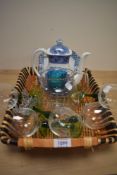 Five vintage green stemmed wine glasses, a cut glass water jug and a Wedgwood River Scene coffee pot