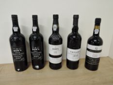 Five bottles of Vintage Port, Dow's Qinta do Bomfim 2001 & 2004, Dow's 2001 Late Bottled, Taylor's