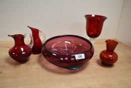 A mid-century Finnish hand blown pink studio glass bowl, w21cm, sold alongside an Artland ruby red