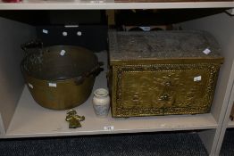 A vintage dome top brass slipperbox decorated with a maritime scene, h30cm, sold together with a