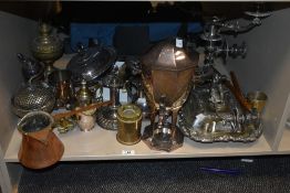 A large selection of brass and copper ware, to include a Regency style samovar, h33cm, an ornate