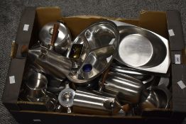 A box containing a Old Hall stainless steel catering items, designed by R.Welch, to include teak