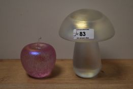 A Glasform iridescent art glass mushroom, measuring 14cm high, and a pink iridescent art glass apple