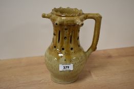 A 19th century stoneware glazed puzzle jug impressed ownership John Lee of Lanshaw, Tatham plus