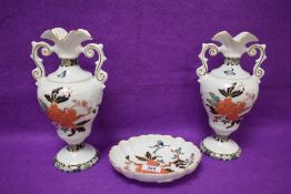 A pair of James Kent Old Foley Eastern Glory pattern vases and matching dish
