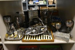 A group comprising of silver plate cutlery, goblets, tea pots, jewellery box, candle holders ect