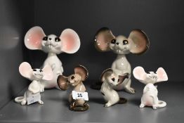 A set of six vintage porcelain novelty mice, having movable heads, largest h15cm.
