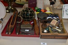 Three boxes containing books, trinkets, weaving looms, fruit knives, letter openers, stamps ect.