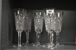 A set of 7 Waterford cut crystal wine glasses, h18cm.