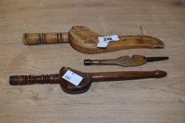 Three 19th century knitting sticks, one having turned handle and beautifully decorated with