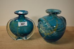 Two mid-century Mdina sea blue studio glass vase's, signed to base, largest h13.5cm.