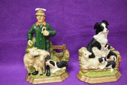 Two modern cast and painted metal agricultural themed fireside ornaments, shepherd and sheep &