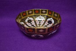 A Royal Crown Derby 1128 Imari pattern octagonal bone china bowl, printed factory marks to base,