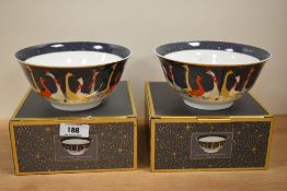 Two Sara Miller London Portmeirion bonbonniere Bowls depicting a Christmas scene of multiple geese